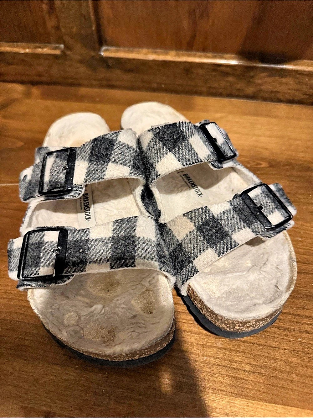 Birkenstock Arizona Shearling Wool Plaid Checkered Sandals in Black & White